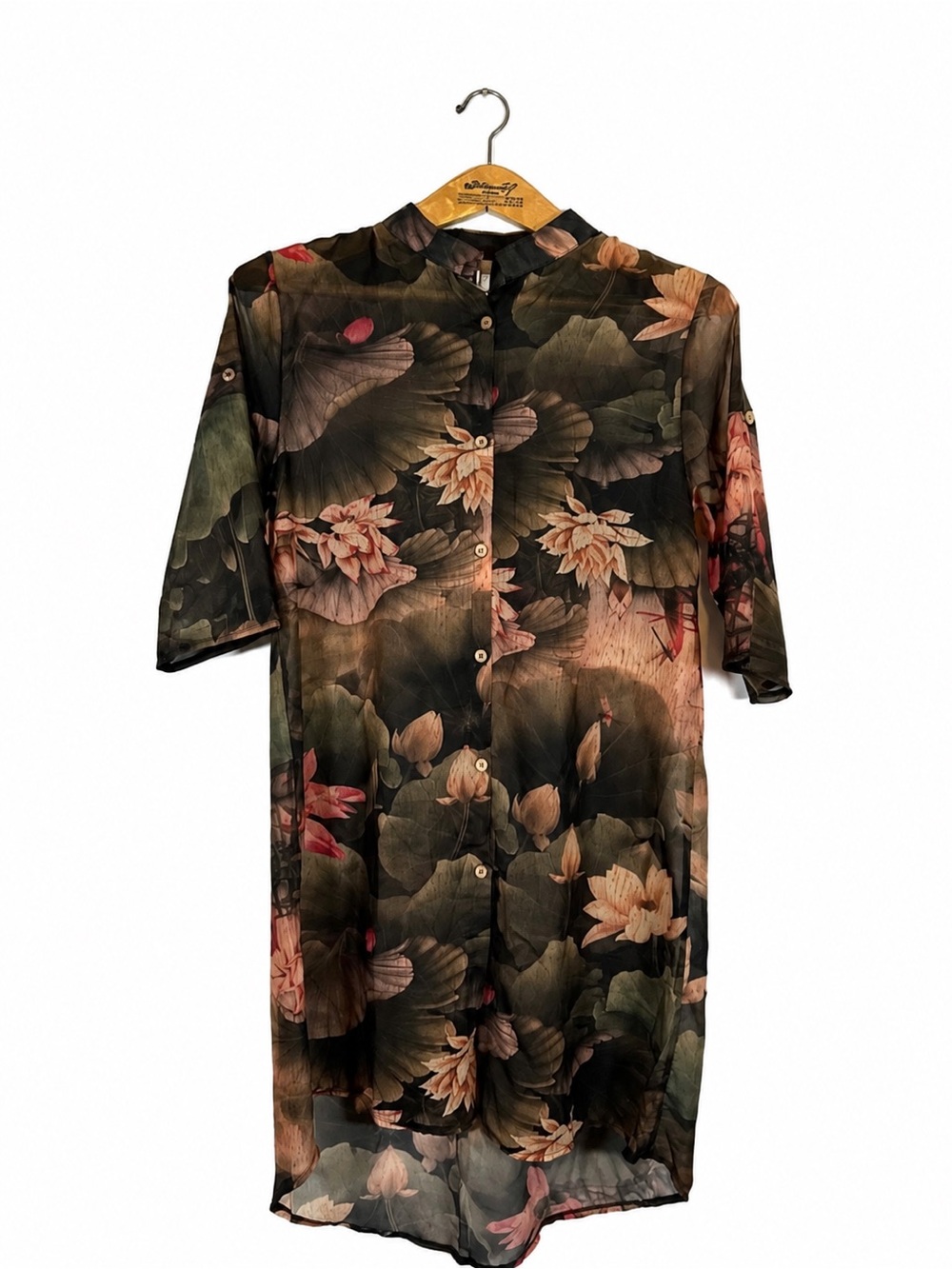 Sheer Floral Mock Neck Mini Dress Beach Coverup Size L Resort Vacation Beach Lux